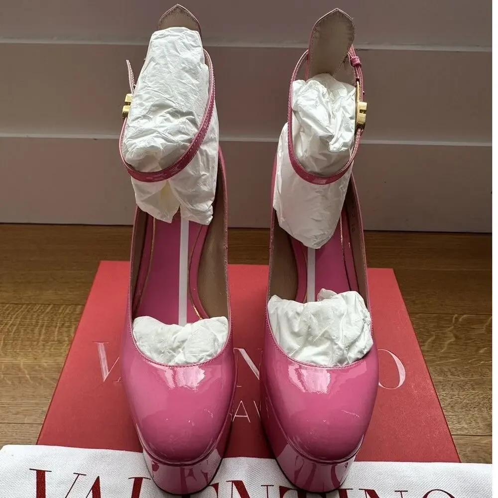 nwob Valentino Tan-Go Barbie Pink Patent Leather Platform Pumps size IT 38 US 8